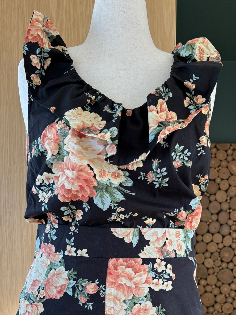 Floral Ruffle Neck Women's Top - Black with Peach Floral